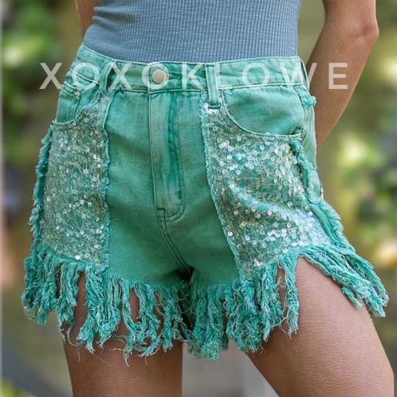 Bling Bling Sequin Denim Fringe Shorts - Picture 13 of 15
